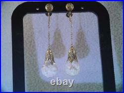 Rare Antique Art Deco 14k Solid Gold Long Opals In Oil Ball Drop Earrings