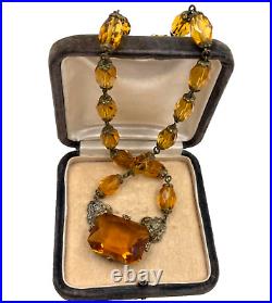 Rare Antique Art Deco Citrine Clr Cut Crystals Necklace Lrg Pendant Choker Brass