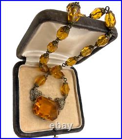 Rare Antique Art Deco Citrine Clr Cut Crystals Necklace Lrg Pendant Choker Brass