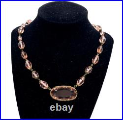 Rare Antique Art Deco Peach-pink Clr Cut Crystals Necklace Lrg Pendant Choker Br