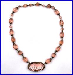 Rare Antique Art Deco Peach-pink Clr Cut Crystals Necklace Lrg Pendant Choker Br