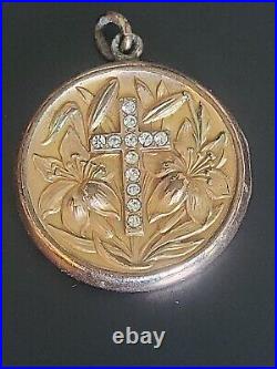 Rare Antique Art Nouveau Gold Filled Locket Cross Peace Lily Flowers Victorian