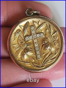 Rare Antique Art Nouveau Gold Filled Locket Cross Peace Lily Flowers Victorian
