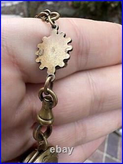 Rare Antique Art Nouveau Molded Glass Brass Locket Necklace Fob Chain