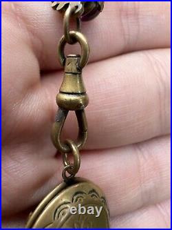 Rare Antique Art Nouveau Molded Glass Brass Locket Necklace Fob Chain