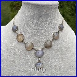 Rare Antique Arts and Crafts Nouveau Gray Agate Cabochon Silver Choker Necklace