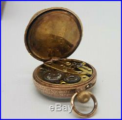 Rare Antique Beautiful 9k Gold Fob Pocket Watch White Enamel Dial Small 31 MM