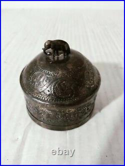 Rare Antique Beautiful Design Round Shape Handmade Silver Box With Small Elephant