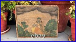 Rare Antique Beautiful Fabric Painting Of Lord Krishna & Radha In Garden Framed