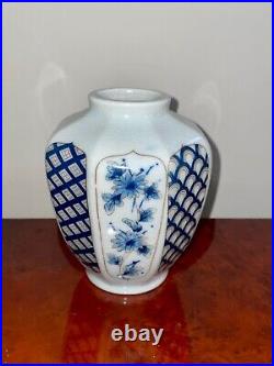 Rare Antique Blue Flower Painted Beautifully Cracked Porcelain Vase UNMARKED