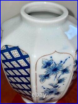 Rare Antique Blue Flower Painted Beautifully Cracked Porcelain Vase UNMARKED