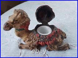 Rare Antique Camel Inkwell withBeautiful Original Colored Patina & Ink Jar