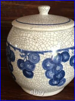 Rare Antique Dedham Pottery Lidded Jam Jar with Grape Pattern. Beautiful Glaze