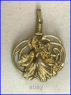 Rare Antique French ART NOUVEAU Pendant- A lady with a Flower Dress -Gold plated