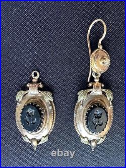 Rare Antique French Victorian Mourning Earrings -Onyx stone Carved, Gold Plated
