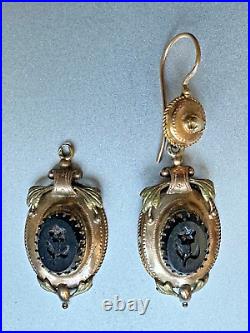 Rare Antique French Victorian Mourning Earrings -Onyx stone Carved, Gold Plated