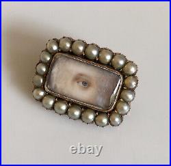 Rare Antique Georgian Gold and Seed Pearls Lovers Eye Miniature Mourning Brooch