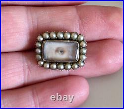 Rare Antique Georgian Gold and Seed Pearls Lovers Eye Miniature Mourning Brooch