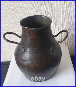 Rare Antique Hammered Bronze Cauldron Twin Handle High Neck 8 Beautiful Patina