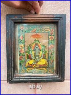 Rare Antique Hindu Devotee God Vishnu JI Beautiful Poster Print Framed 9 x 7.5