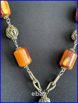 Rare Antique One strand Necklace of Baltic Amber Resin Beads, tassel of chains