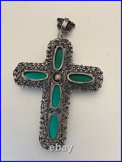 Rare Antique Silver Cross Pendant with Green Stone Cabochon Gorgeous metalwork