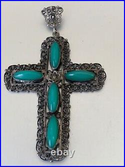 Rare Antique Silver Cross Pendant with Green Stone Cabochon Gorgeous metalwork