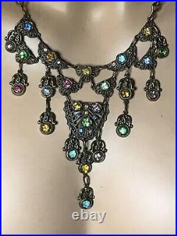 Rare Antique Victorian Filigree Festoon Lavaliere Colored Paste & Brass Necklace
