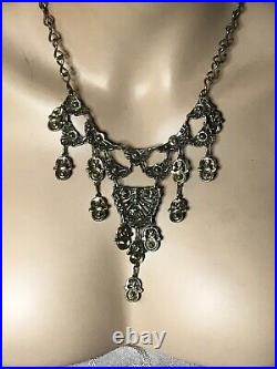 Rare Antique Victorian Filigree Festoon Lavaliere Colored Paste & Brass Necklace