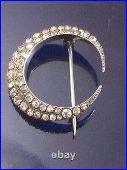 Rare Antique Victorian Silver Paste Crescent Half Moon Brooch Pin