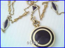 Rare Art Deco Solid 14k Gold Guilloche Enamel Necklace & Photo Locket Pendant