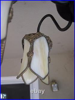 Rare Beautiful Antique Arts & Crafts Beige 5 Light Curved Slag Glass Chandelier