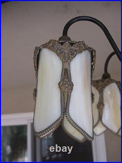 Rare Beautiful Antique Arts & Crafts Beige 5 Light Curved Slag Glass Chandelier