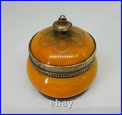 Rare Beautiful Antique Chinese Export Amber Butterscotch & Brass Pot /b029