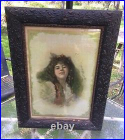 Rare Beautiful Antique Gypsy Woman Print with Oak Leaf Frame 31 x 22