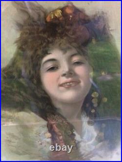 Rare Beautiful Antique Gypsy Woman Print with Oak Leaf Frame 31 x 22
