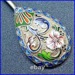 Rare Beautiful Antique Russian Shaded Cloisonne Enamel 84 Silver Spoon 11 Artel