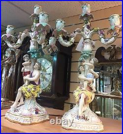 Rare Beautiful Big Antique Porcelain Pair Of Candelabra Figurines