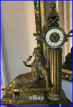 Rare Beautiful French Antique Lady Statue 8 Day Chime Mantel Clock Working