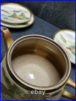 Rare Beautiful MARKED Shozusan JAPANESE MEIJI PERIOD SATSUMA Hand paint TEA SET