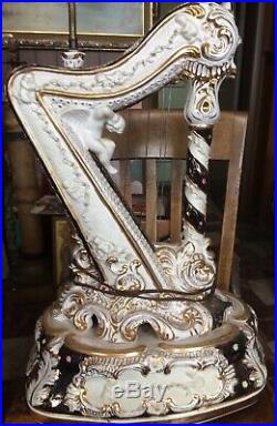 Rare Beautiful Old Capodimonte Porcelain Harp Lamp Angel Cherub Cupid 24 Tall