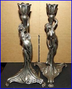 Rare Beautiful Pair B&G Imperial Zinn Art Nouveau Maiden Candlesticks c. 1900