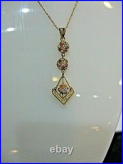 Rare Beautiful True Antique 14k Yellow Gold Three Diamond Drop Pendant