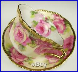 Rare Beautiful Vintage Prussia Pink Cabbage Roses Gold Tea Cup & Saucer