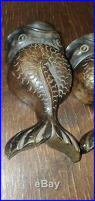 Rare Cast Bronze Japanese Koi Fish Statue Pair 1920s Heavy Beautiful Patina