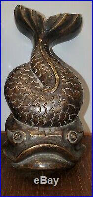Rare Cast Bronze Japanese Koi Fish Statue Pair 1920s Heavy Beautiful Patina