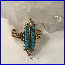 Rare Delicate And Beautiful Victorian Turquoise & Pearl Ring Rose Gold Sz. 5.25