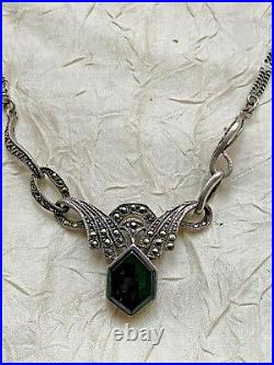 Rare French Victorian Sterling Silver 925 Necklace, Marcasite, Black stone