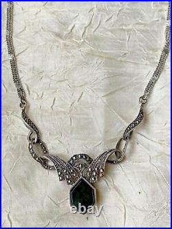 Rare French Victorian Sterling Silver 925 Necklace, Marcasite, Black stone