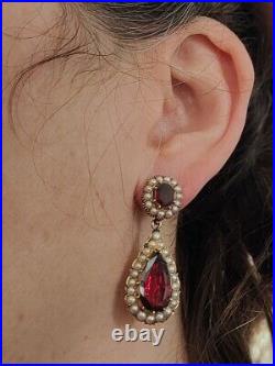 Rare Georgian Gold Foiled Garnet/Pearl Domed Back Earrings 18th Century Antique